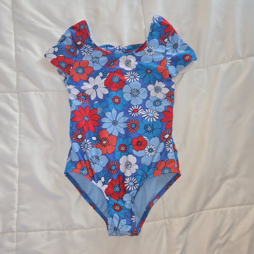 Cat & Jack Girls Blue Floral One Piece Swimsuit with Red and White Flowers